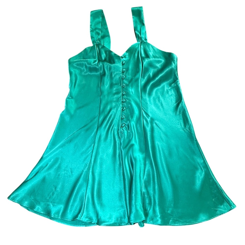 Erika Taylor Intimates Nightgown Womens Medium Teal Green Satin Button Front 90s